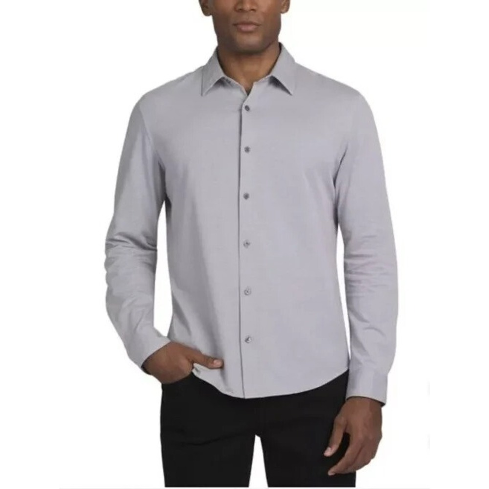 DKNY Mens Long Sleeve Sport Shirt Natural Stretch 100% Cotton Light Gray XL